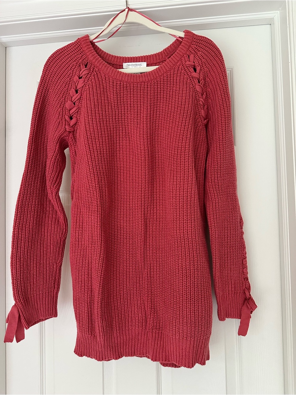 Motherhood Maternity M Pink Round Neck Cotton Lace-Up Warm Sweater